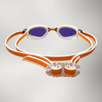 luwa Apex Elite orange mirror swimming goggles with white frame and purple lenses, adjustable strap and nose bridge