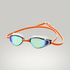 luwa Apex Elite orange mirror swimming goggles with white frame and adjustable strap. Features anti-fog and UV protection.