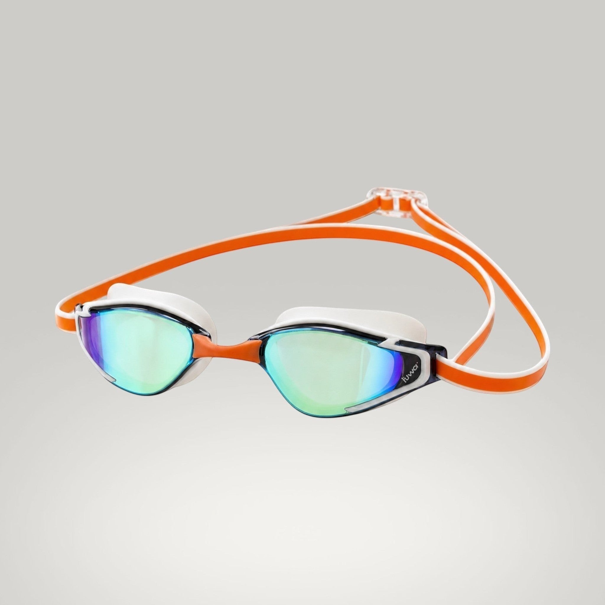 luwa Apex Elite orange mirror swimming goggles with white frame and adjustable strap. Features anti-fog and UV protection.