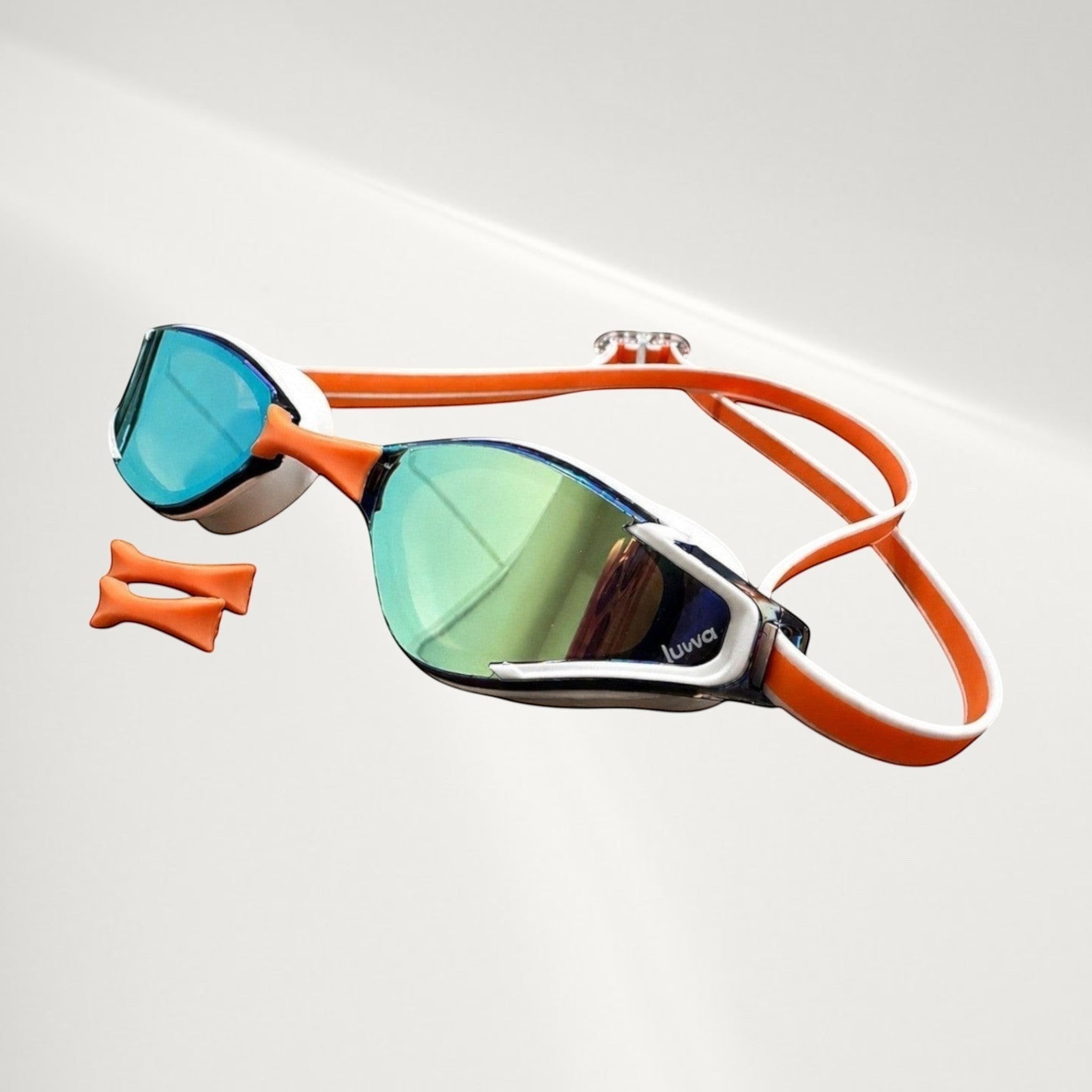 luwa Apex Elite orange mirror swimming goggles with white frame and blue lenses, includes 3 orange nose bridges.