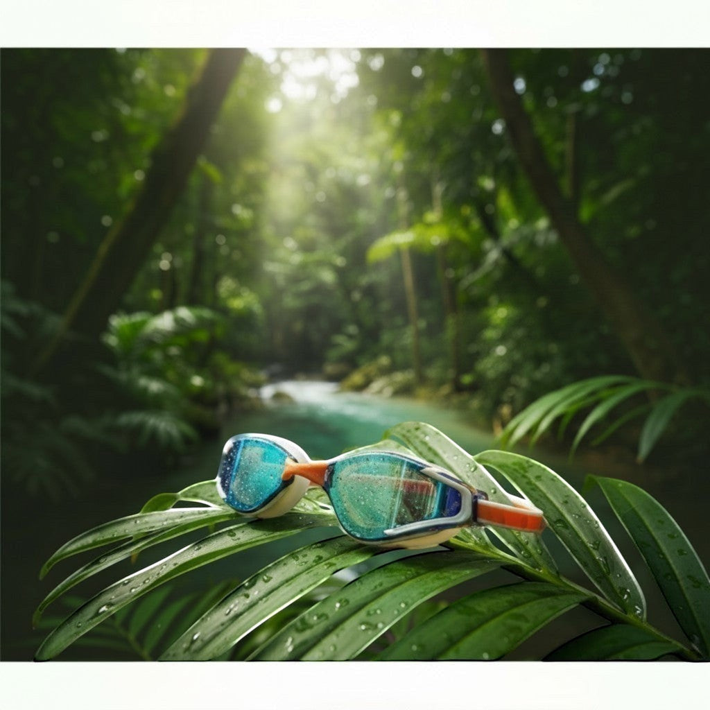 luwa Apex Elite orange mirror swimming goggles with anti-fog coating and UV protection, resting on a wet leaf.