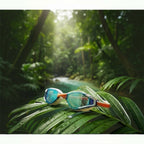 luwa Apex Elite orange mirror swimming goggles with anti-fog coating and UV protection, resting on a wet leaf.