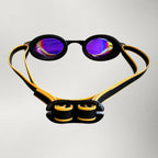 LUWA Apex Elite Pro black sport goggles with mirrored purple lenses and yellow-striped black straps.