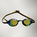 luwa Apex Elite Pro mirrored racing goggles with black plating and gold strap. Features anti-fog and UV protection.