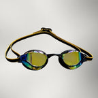 luwa Apex Elite Pro mirrored racing goggles with black plating and gold strap. Features anti-fog and UV protection.