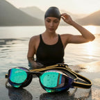 luwa Apex Elite Pro mirrored racing goggles with black plating and gold accents, featuring anti-fog and UV protection.
