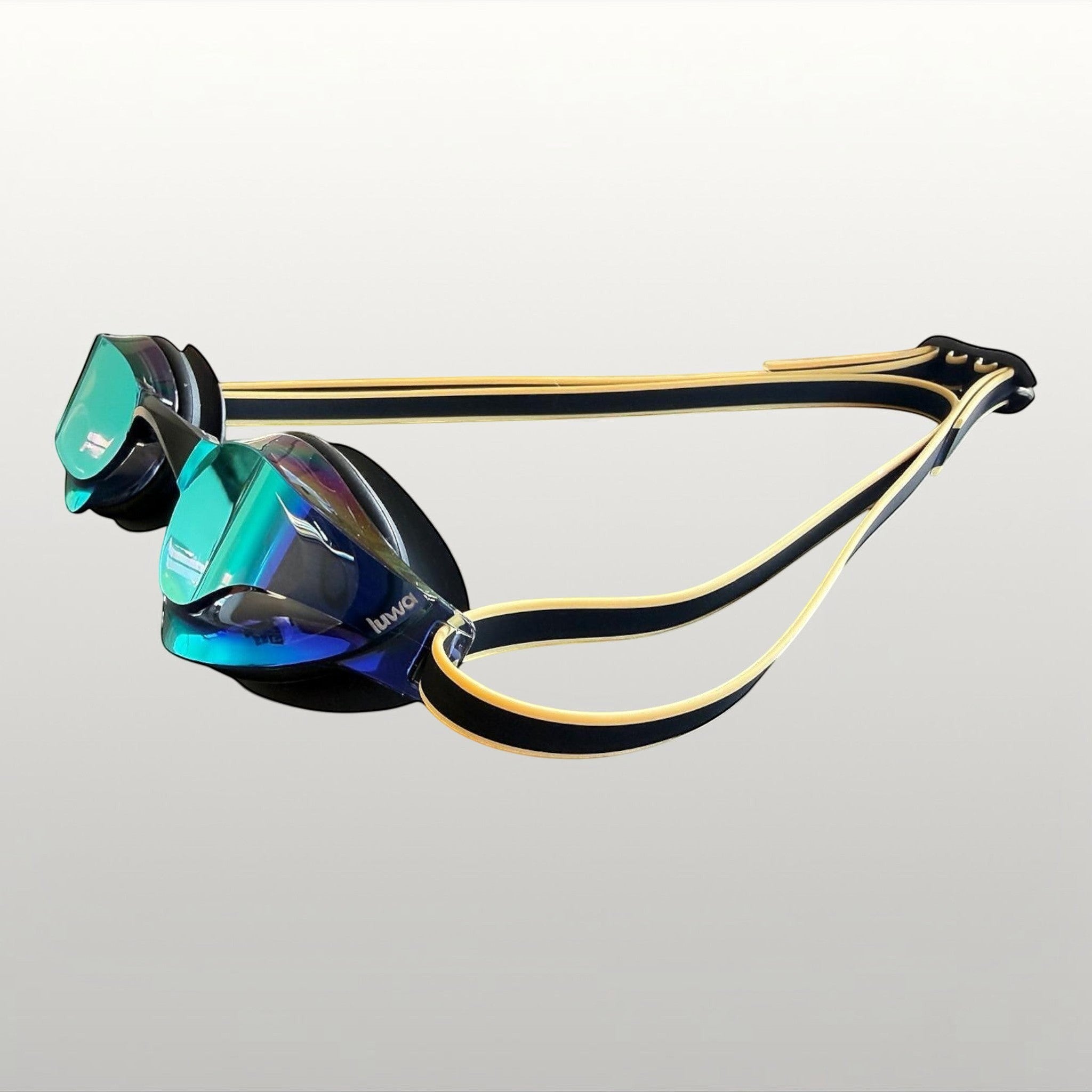 luwa Apex Elite Pro mirrored racing goggles with black and gold split strap. Silicone seal and anti-fog coating.