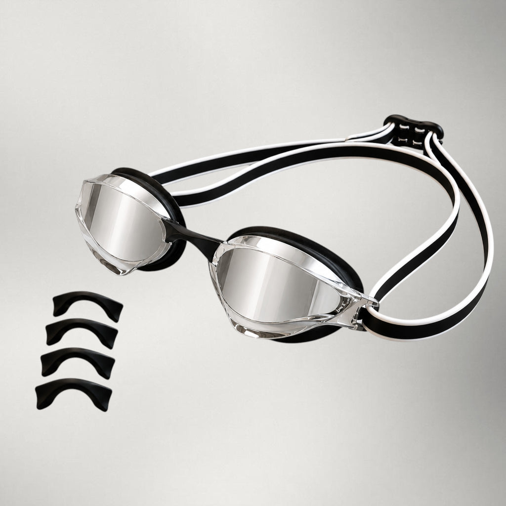 luwa Apex Elite Pro mirrored racing goggles with black plating and silver lenses, includes 5 nose bridges.