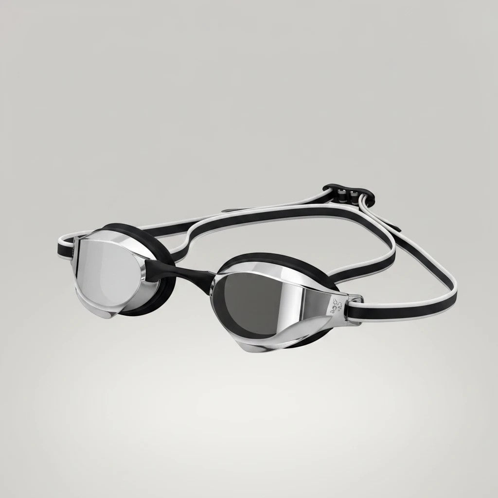 luwa Apex Elite Pro mirrored racing goggles with black plating and silver lenses, featuring a split strap and adjustable nose bridge.