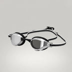 luwa Apex Elite Pro mirrored racing goggles with black plating and silver lenses, featuring a split strap and adjustable nose bridge.