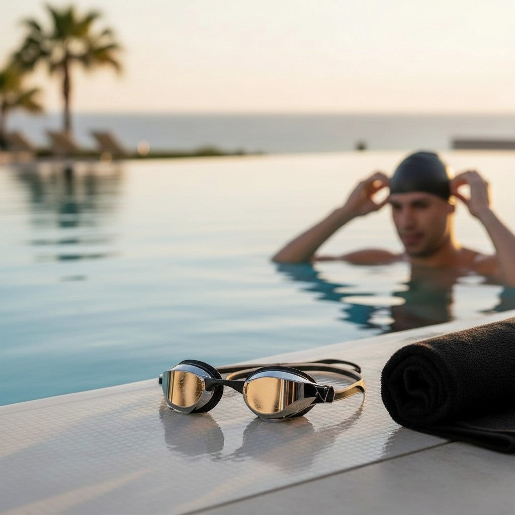 luwa Apex Elite Pro mirrored racing goggles with black plating and silver lenses, featuring a secure fit and anti-fog coating.