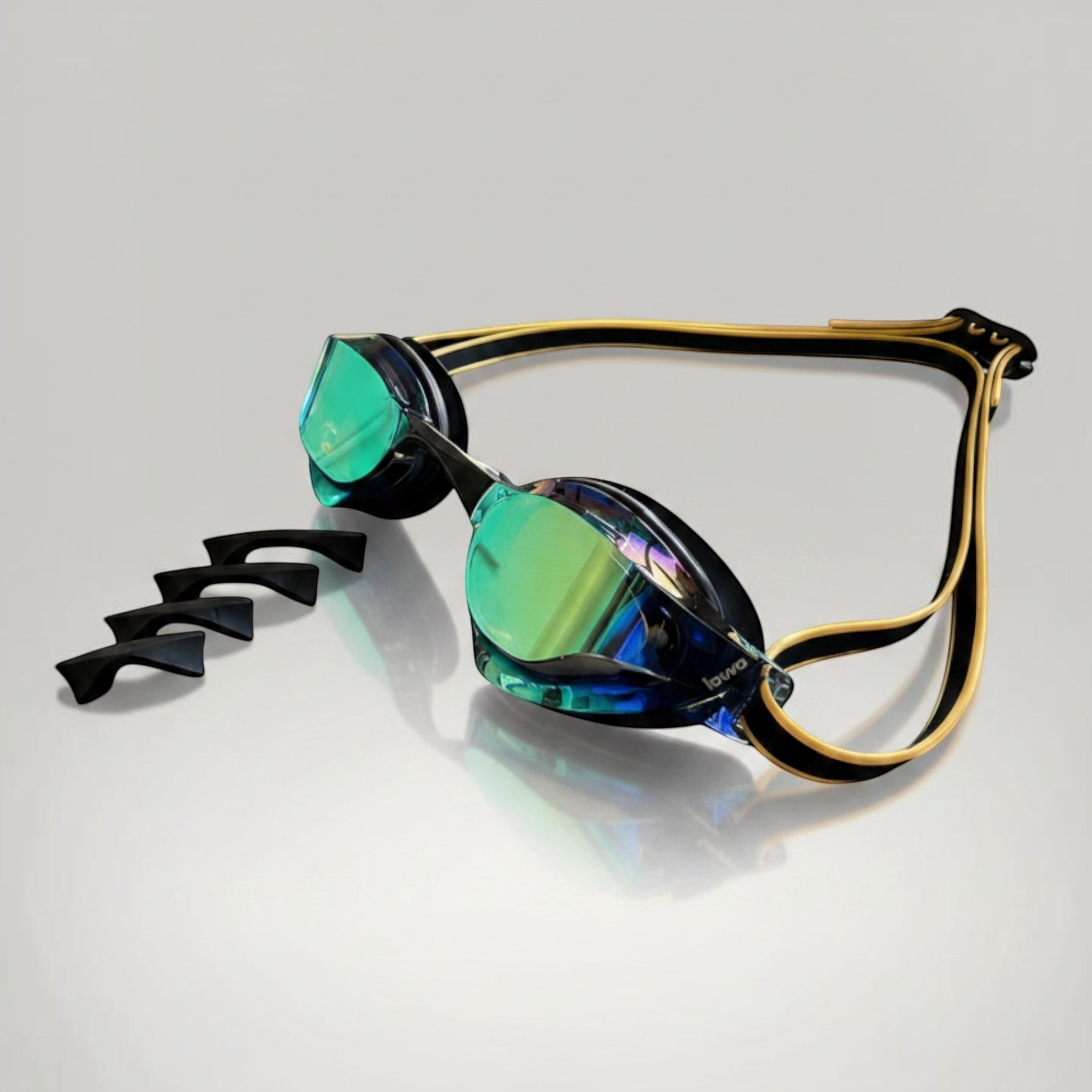 LUWA Apex Elite Pro black sport goggles with mirrored green-blue lenses and adjustable strap. Includes 5 nose bridges.