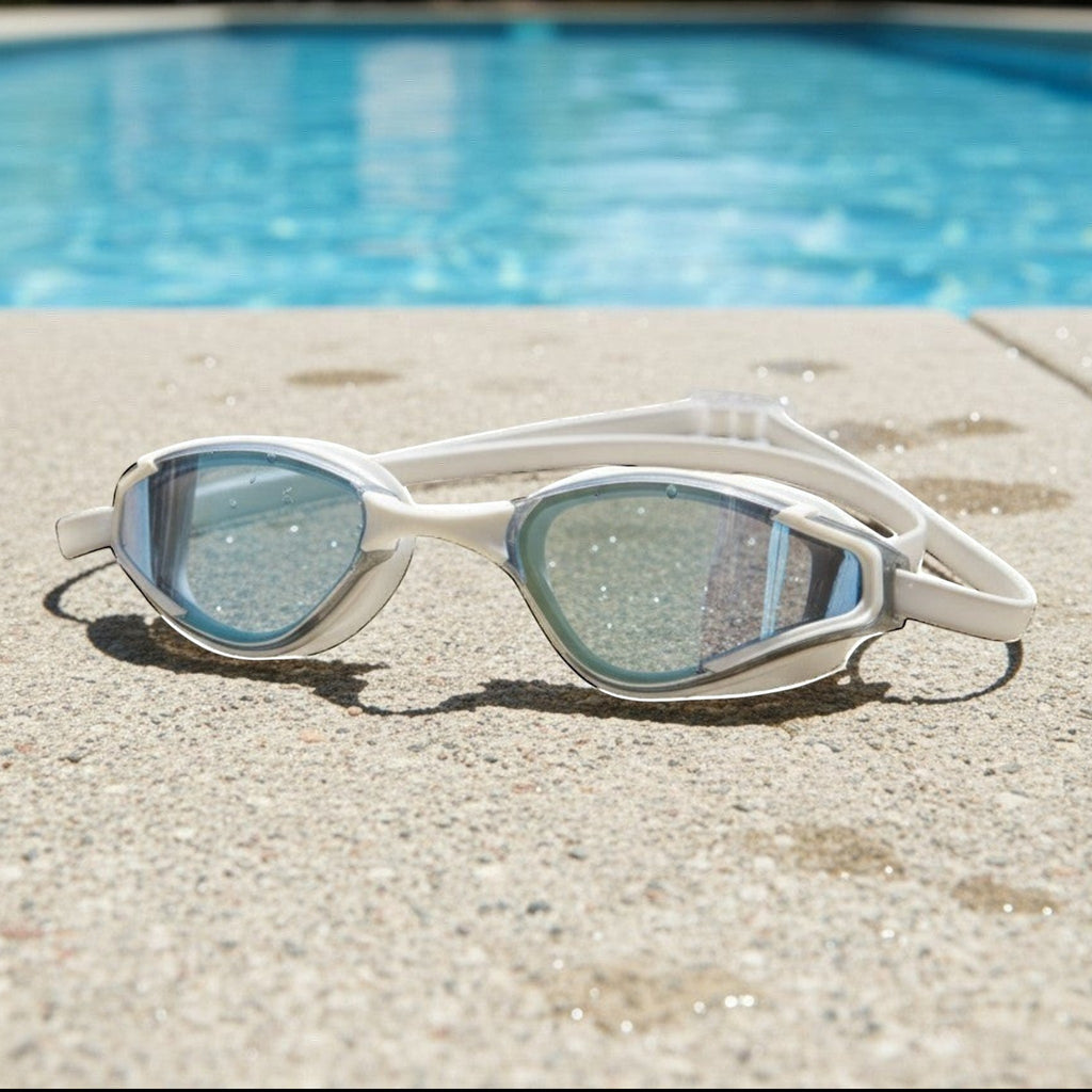 luwa Apex Elite white and silver sport goggles with anti-fog coating and UV protection, resting by a pool.