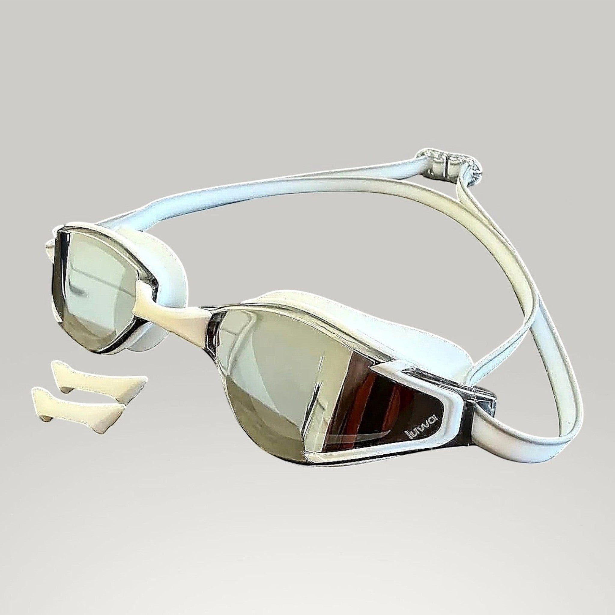 luwa Apex Elite white and silver sport goggles with anti-fog coating and UV protection. Includes 3 nose bridges.