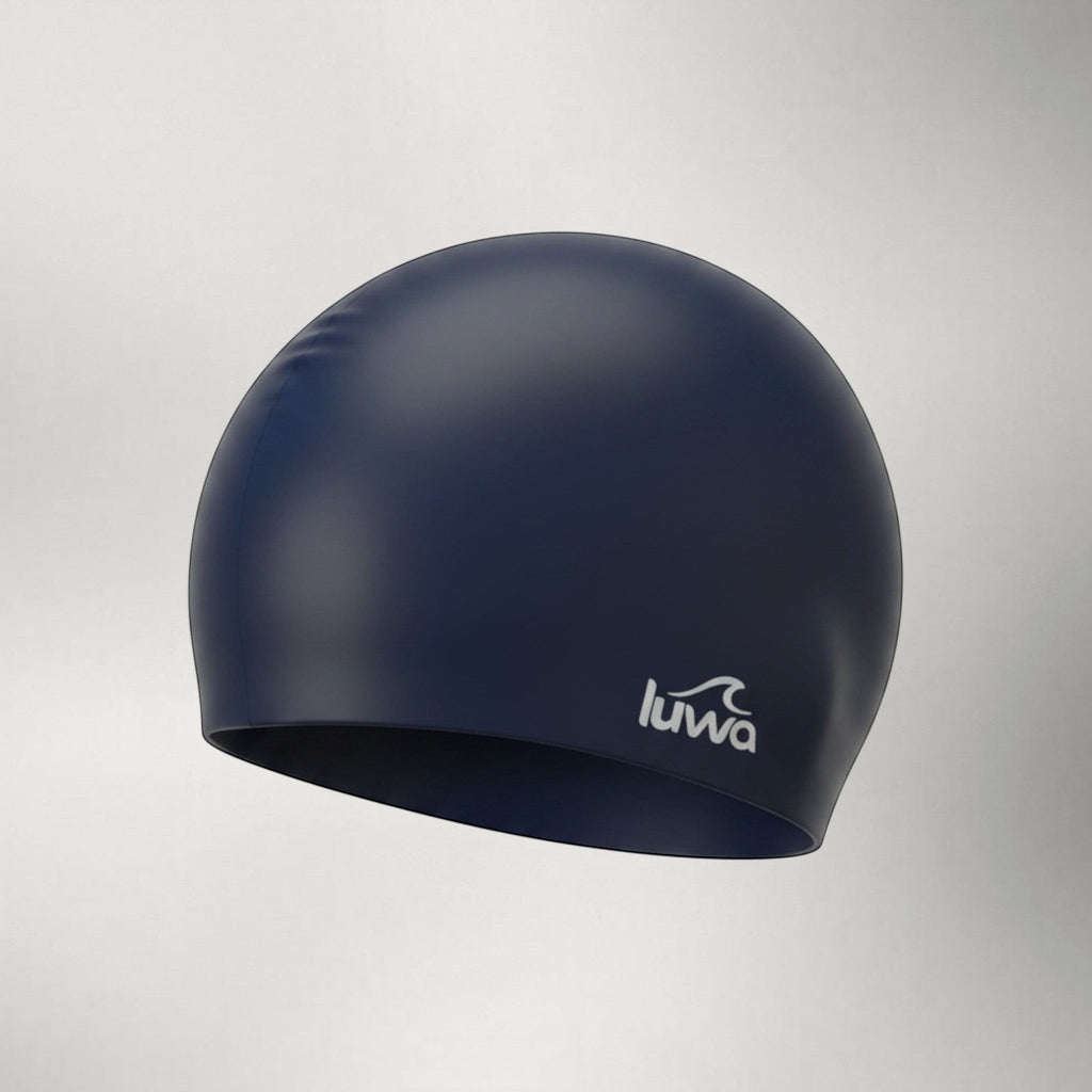 Luwa Apex navy blue premium silicone swim cap with a hydrodynamic shape for reduced drag and comfortable fit.