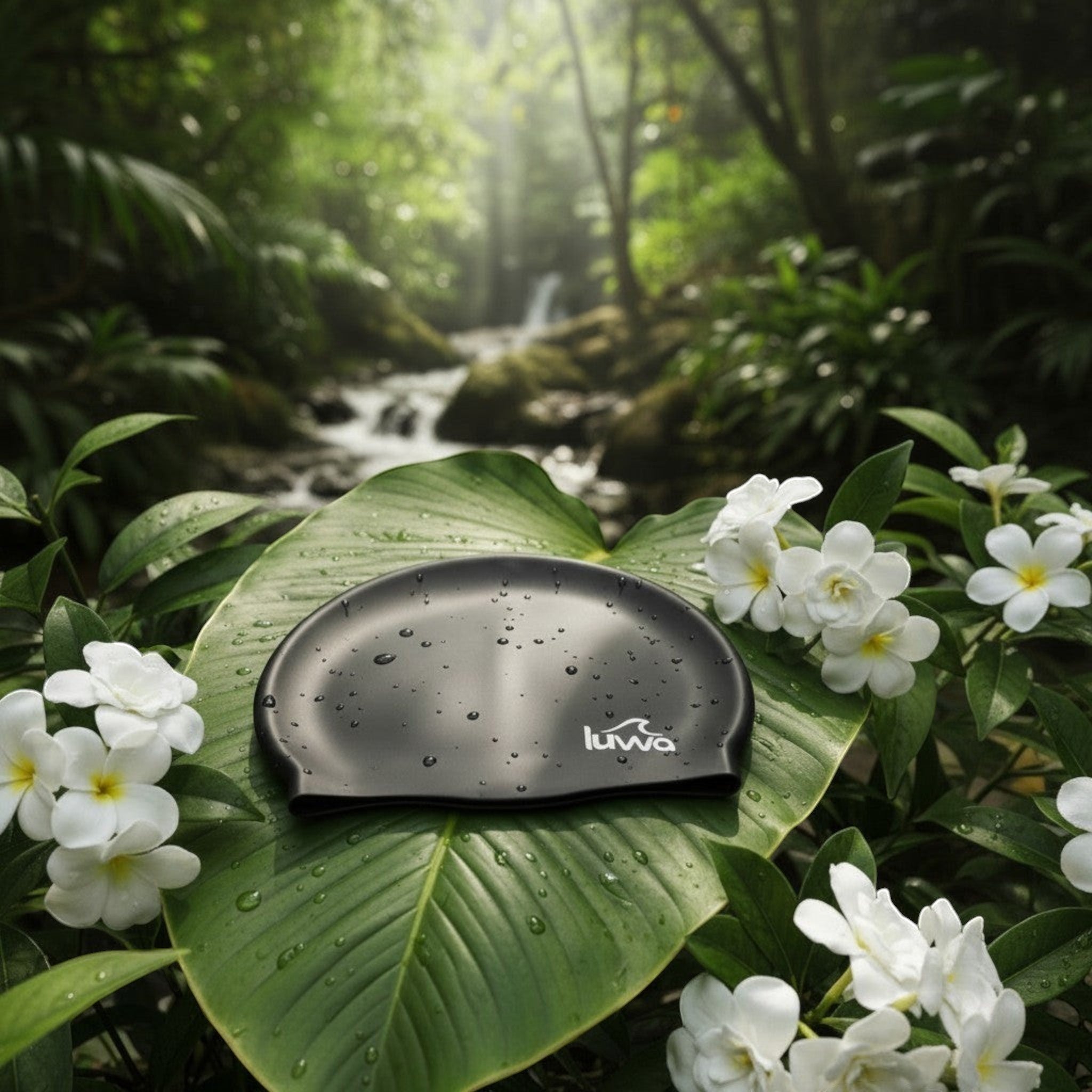 Black LUWA Apex silicone swim cap with water droplets, set on a large green leaf with white flowers and a jungle waterfall background.