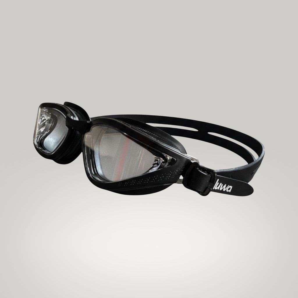 luwa Apex Vision Pro black training goggles with clear lenses and adjustable strap. Features anti-fog coating.