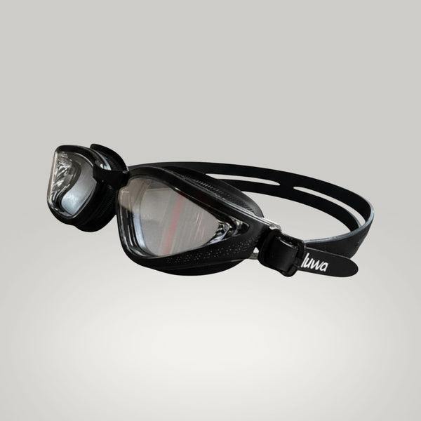 luwa Apex Vision Pro black training goggles with clear lenses and adjustable strap. Features anti-fog coating.