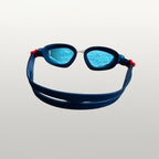 luwa Apex Vision Pro blue and white swim goggles with adjustable strap and blue lenses.