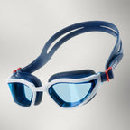 luwa Apex Vision Pro blue and white swim goggles with adjustable strap and anti-fog lenses.