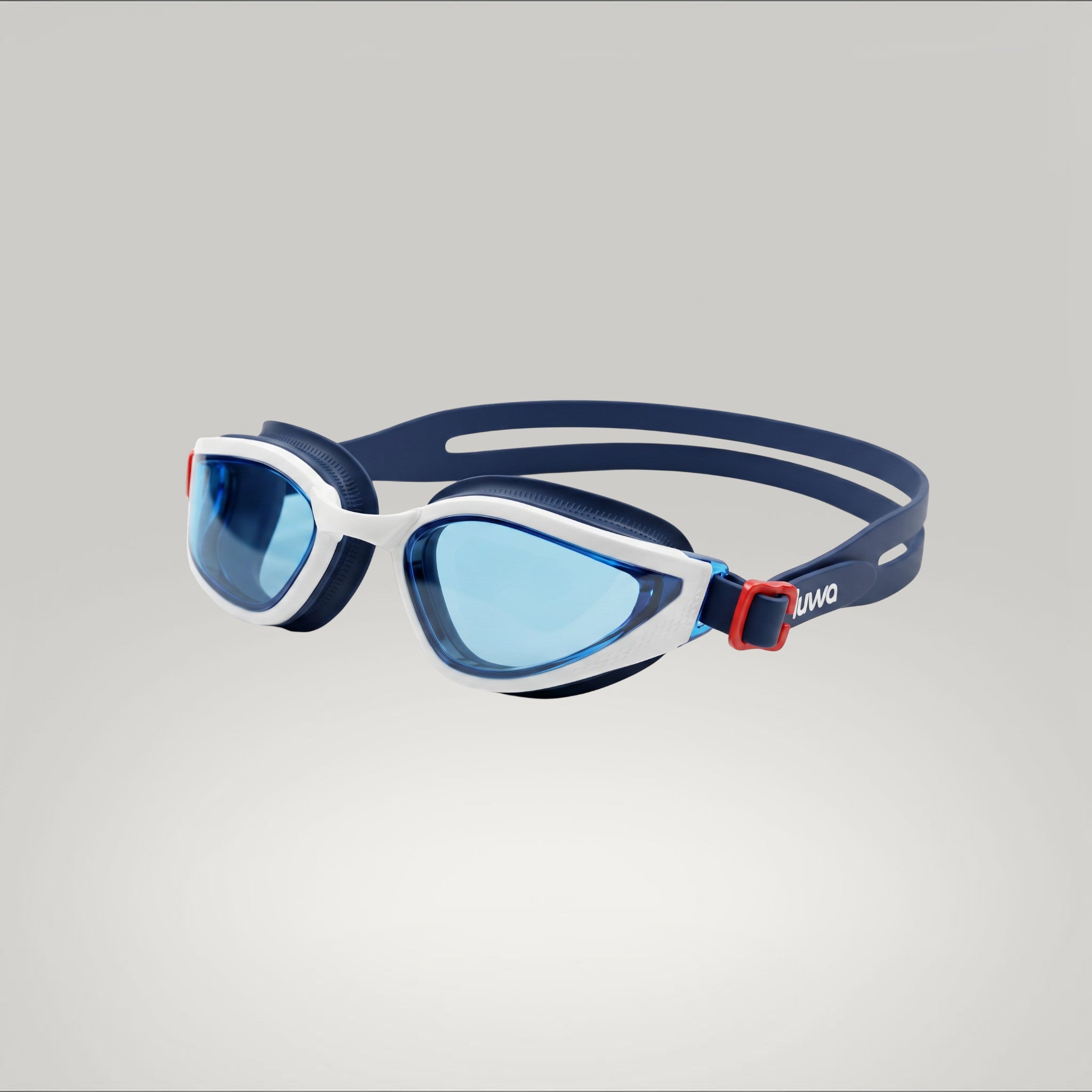 luwa Apex Vision Pro blue and white swim goggles with blue lenses and adjustable strap.