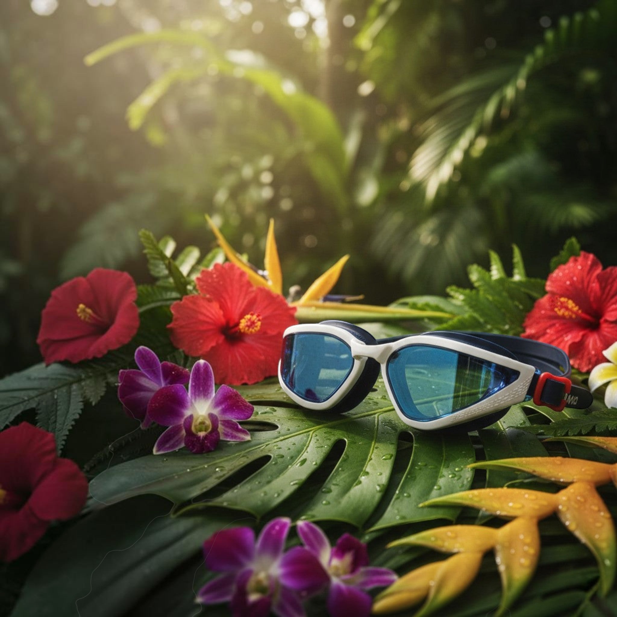 luwa Apex Vision Pro blue and white swimming goggles with mirrored lenses, featuring a comfortable seal and adjustable nose bridge.