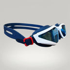 luwa Apex Vision Pro blue and white swimming goggles with adjustable strap and anti-fog lenses.
