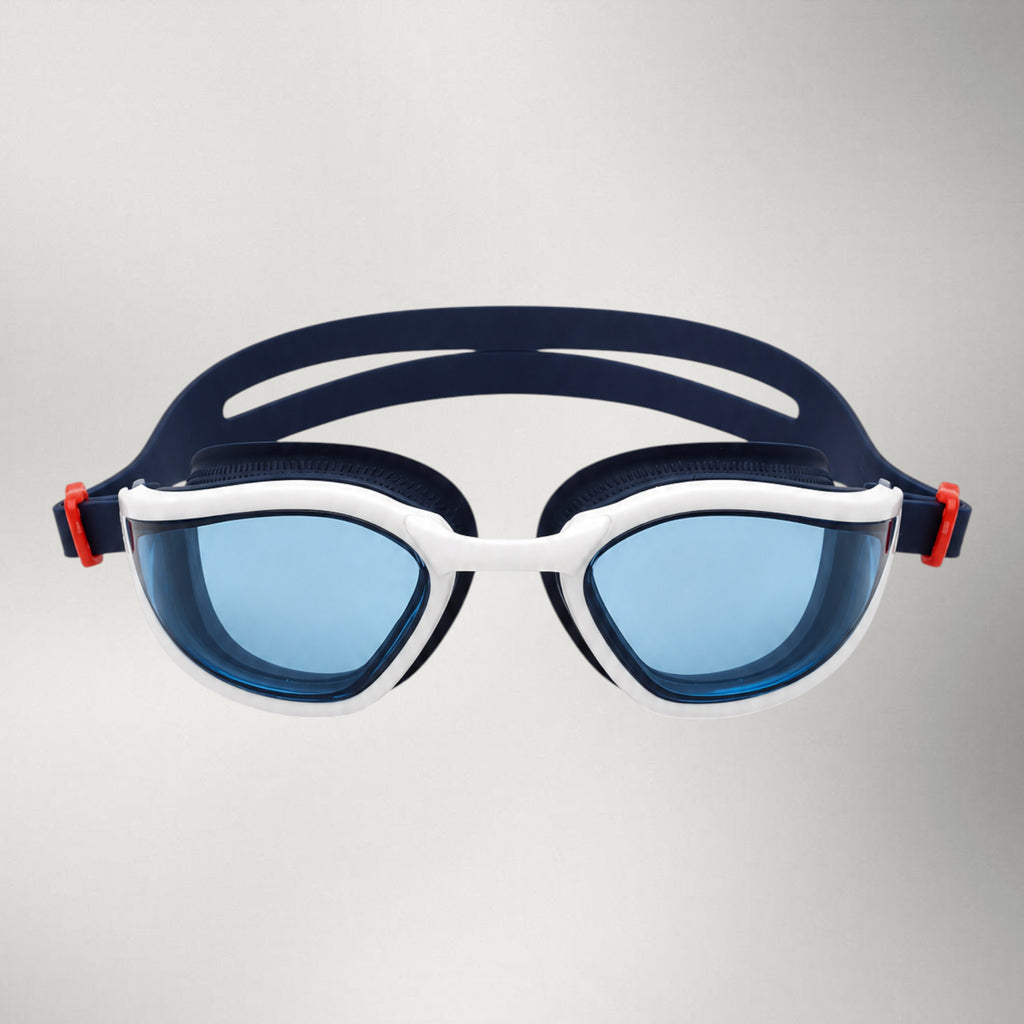 luwa Apex Vision Pro blue and white swimming goggles with blue lenses and adjustable strap.