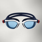 luwa Apex Vision Pro blue and white swimming goggles with blue lenses and adjustable strap.