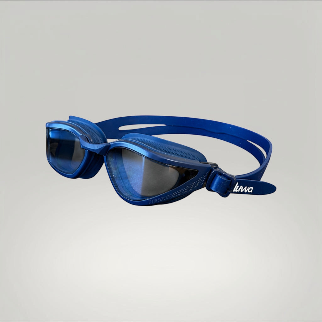 luwa Apex Vision Pro navy blue training goggles with adjustable nose bridge and anti-fog lenses.