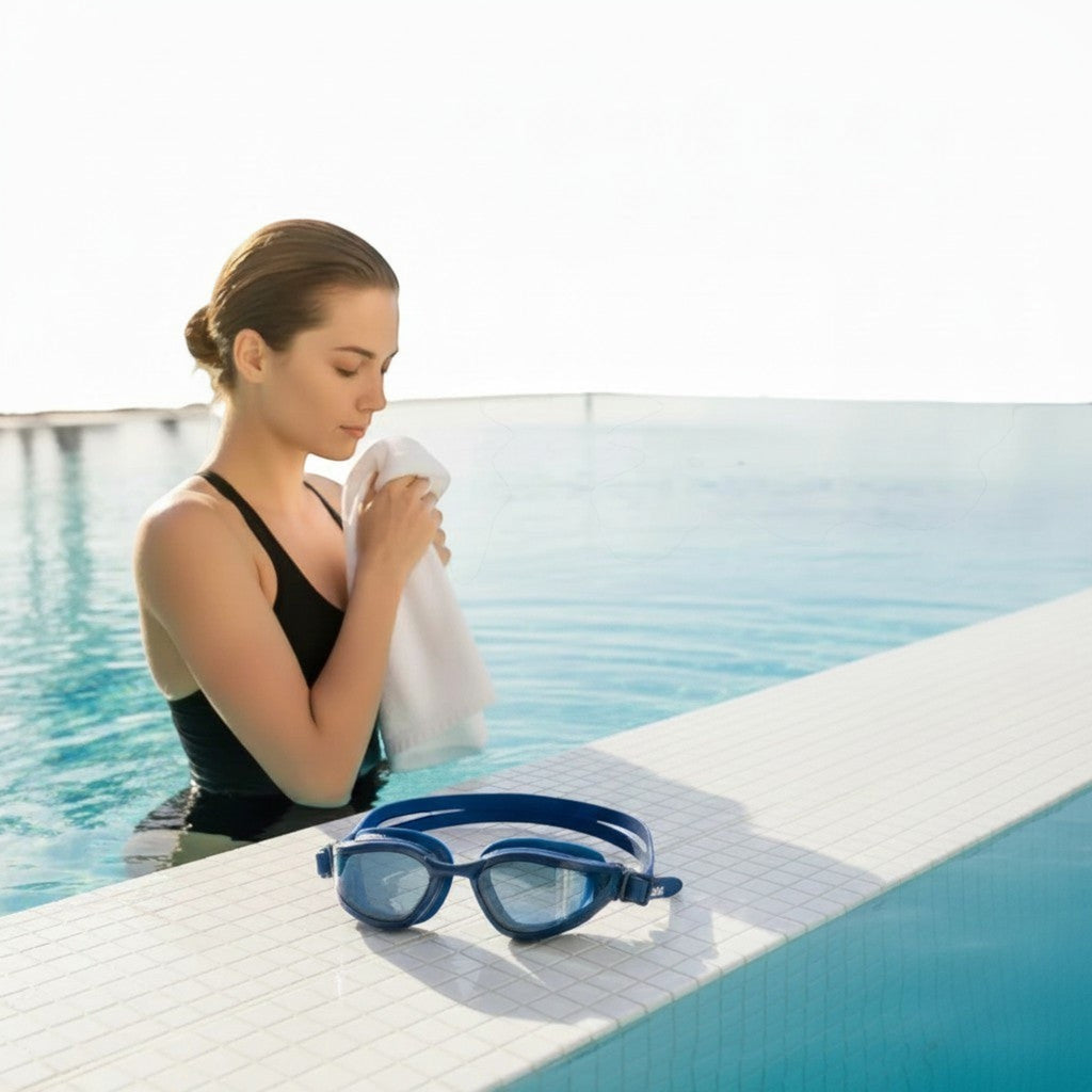 luwa Apex Vision Pro navy blue training goggles with adjustable nose bridges and anti-fog lenses.