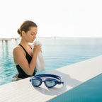 luwa Apex Vision Pro navy blue training goggles with adjustable nose bridges and anti-fog lenses.