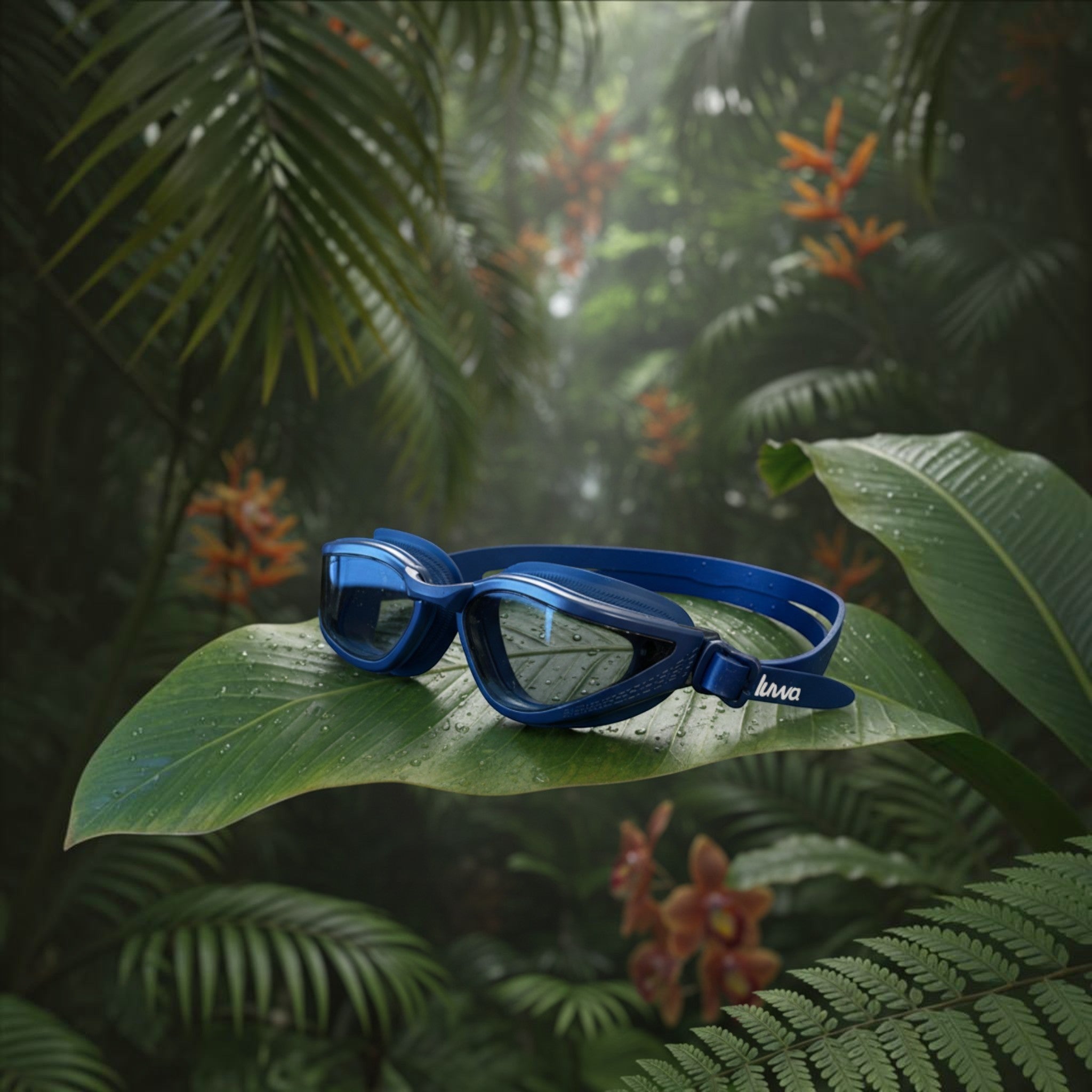 luwa Apex Vision Pro navy blue training goggles with anti-fog coating and adjustable nose bridges for comfort and secure fit.