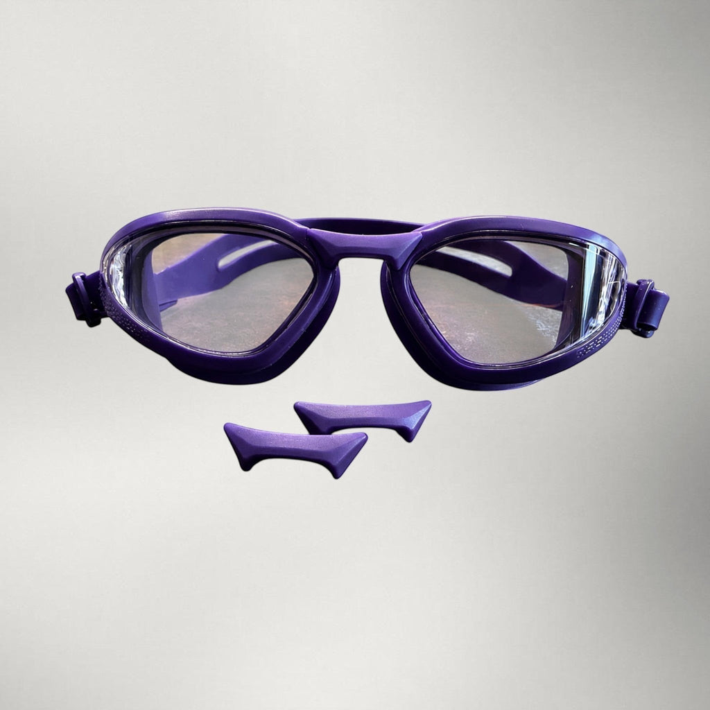 luwa Apex Vision Pro purple clear training goggles with interchangeable nose bridges for a secure, comfortable fit.
