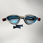 luwa Apex Vision Pro blue and white swimming goggles with adjustable nose bridges. Anti-fog lenses.