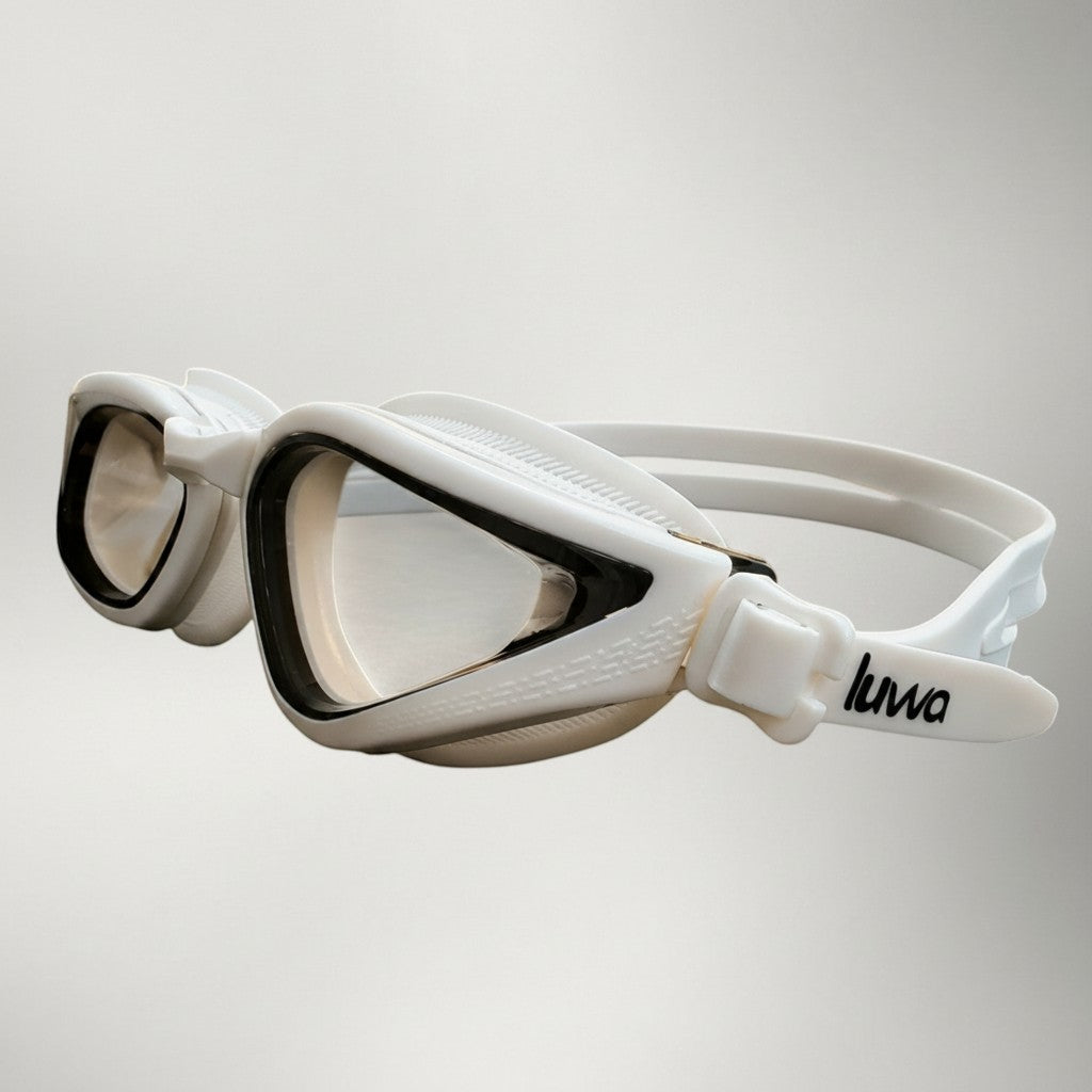 luwa Apex Vision Pro white and gray swim goggles with adjustable strap and anti-fog lenses.