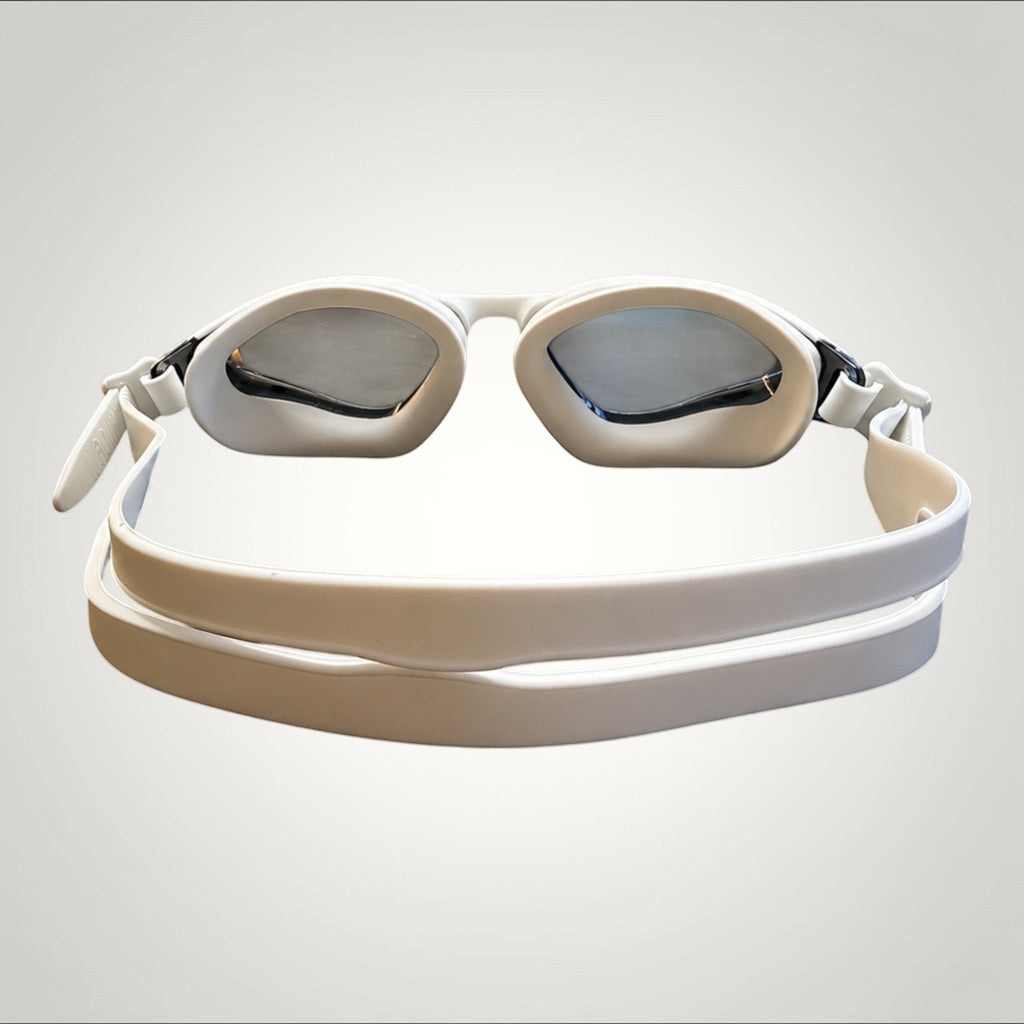 luwa Apex Vision Pro white and gray training swim goggles with mirrored lenses and adjustable strap.