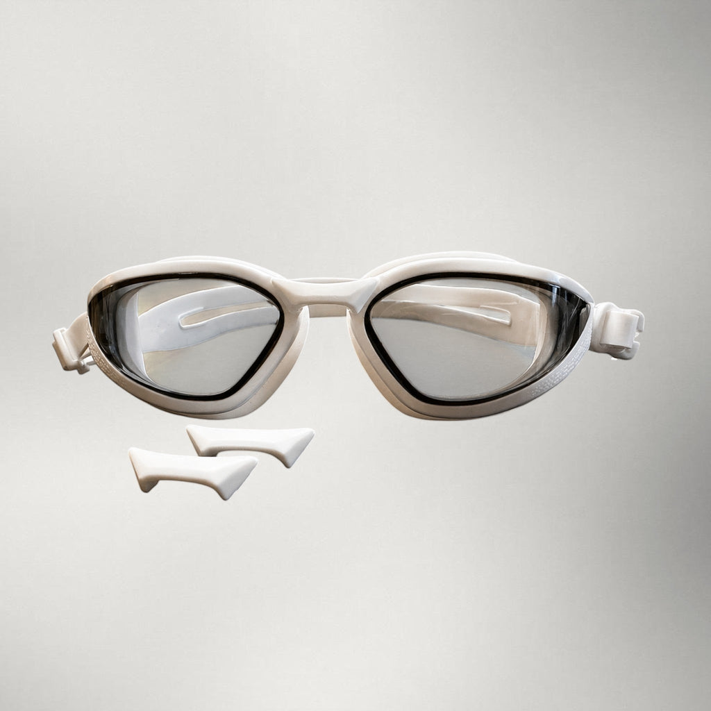 luwa Apex Vision Pro white gray training goggles with anti-fog coating and 3 interchangeable nose bridges for a secure fit.