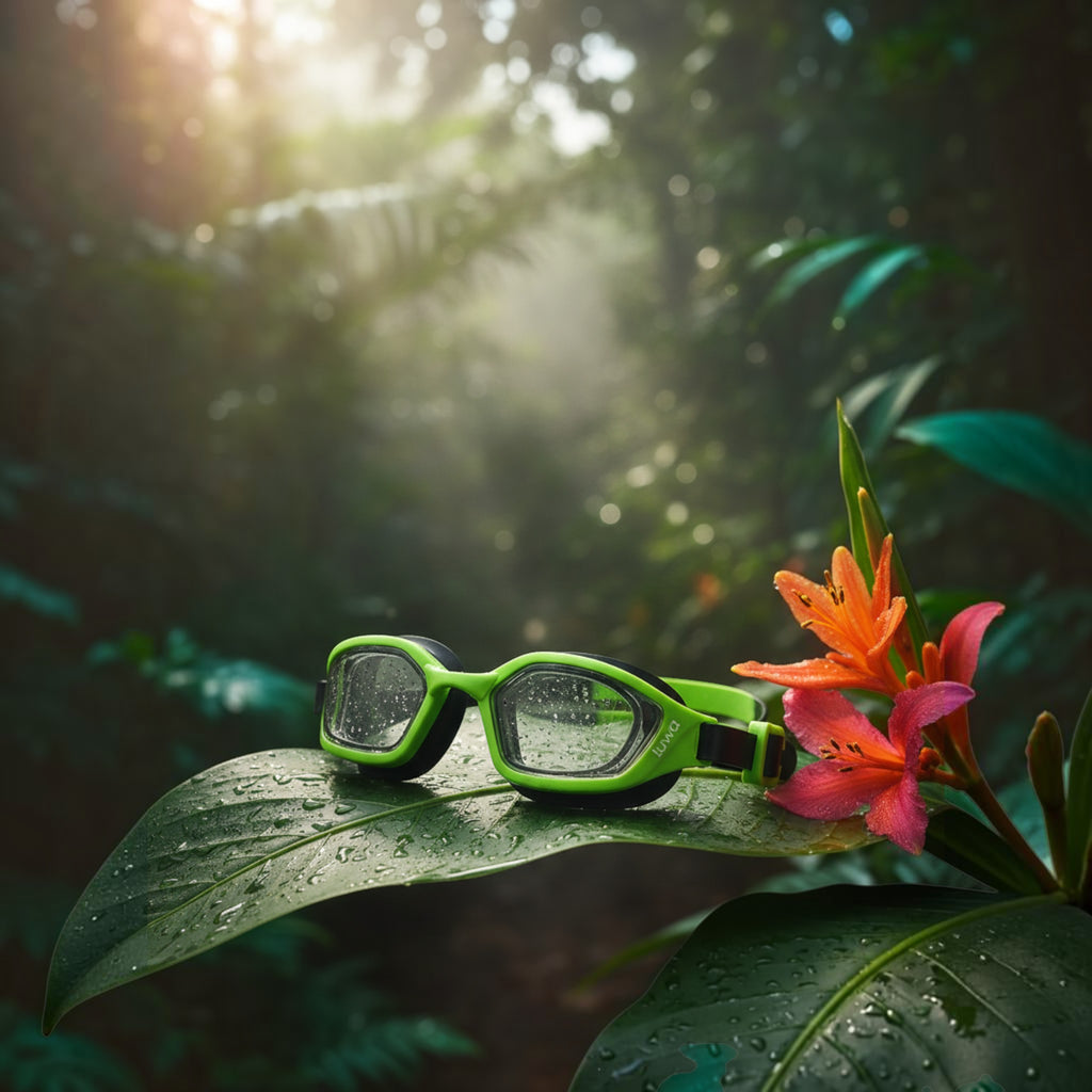 luwa Coral Flash swim goggles in black and bright green with anti-fog PC lenses and adjustable strap.