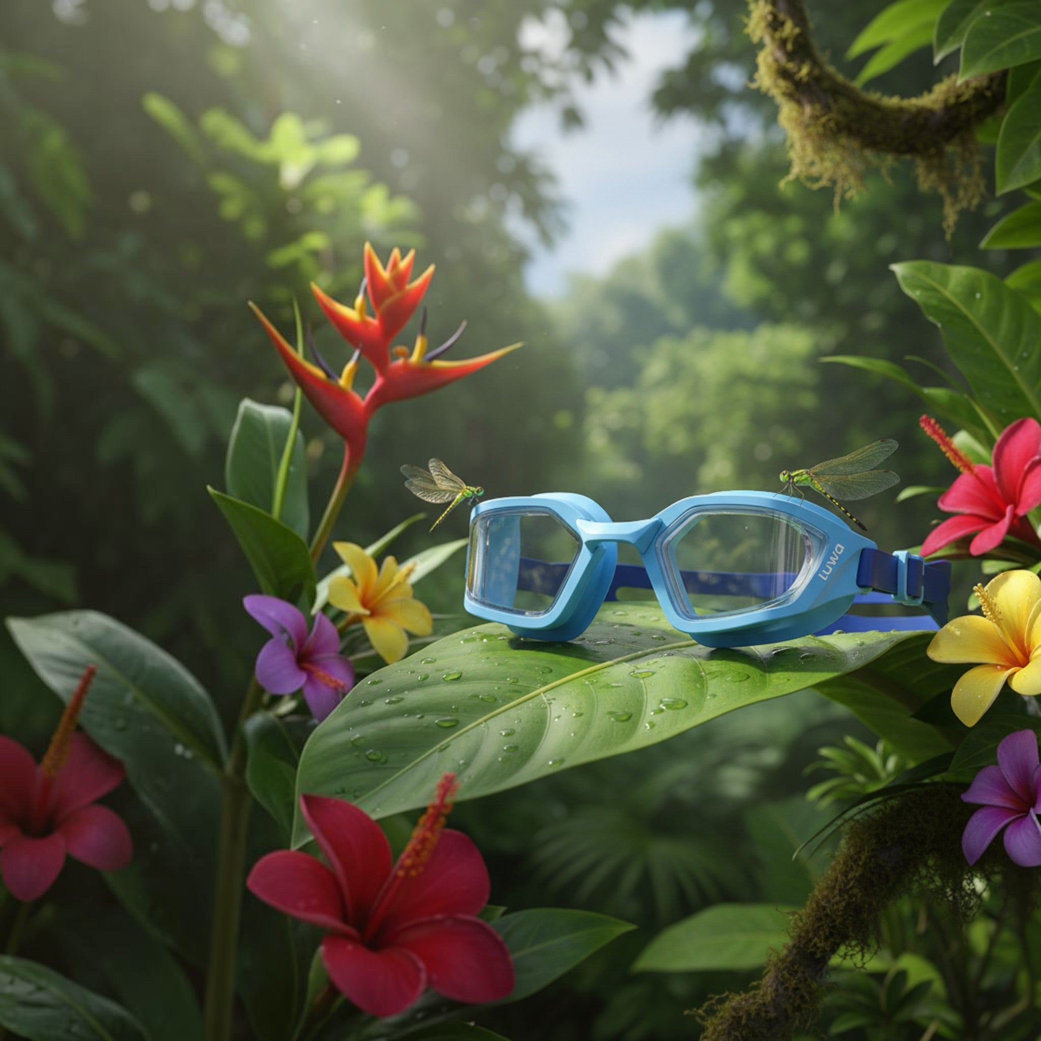 luwa Coral Flash swim goggles in blue and navy blue with anti-fog PC lens and adjustable strap.