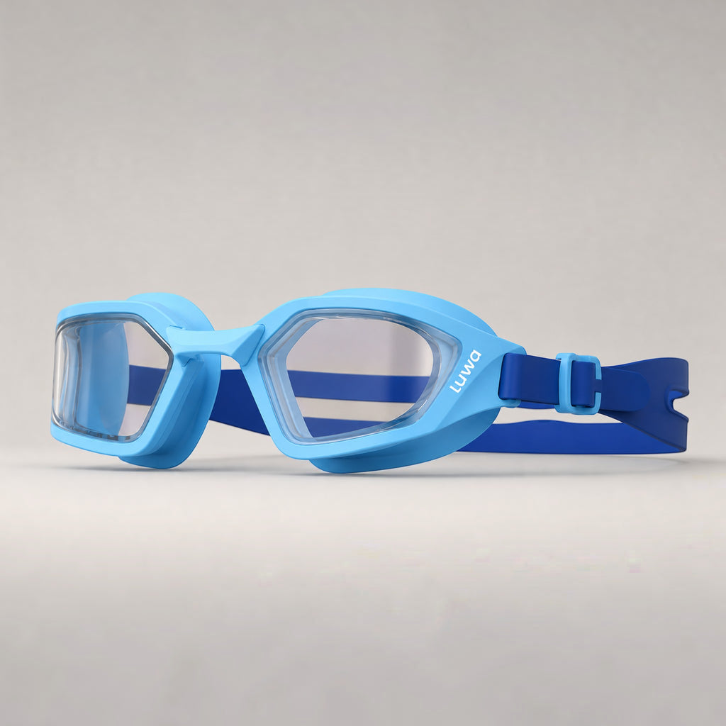 luwa Coral Flash blue and navy blue swim goggles with anti-fog PC lens and adjustable strap.