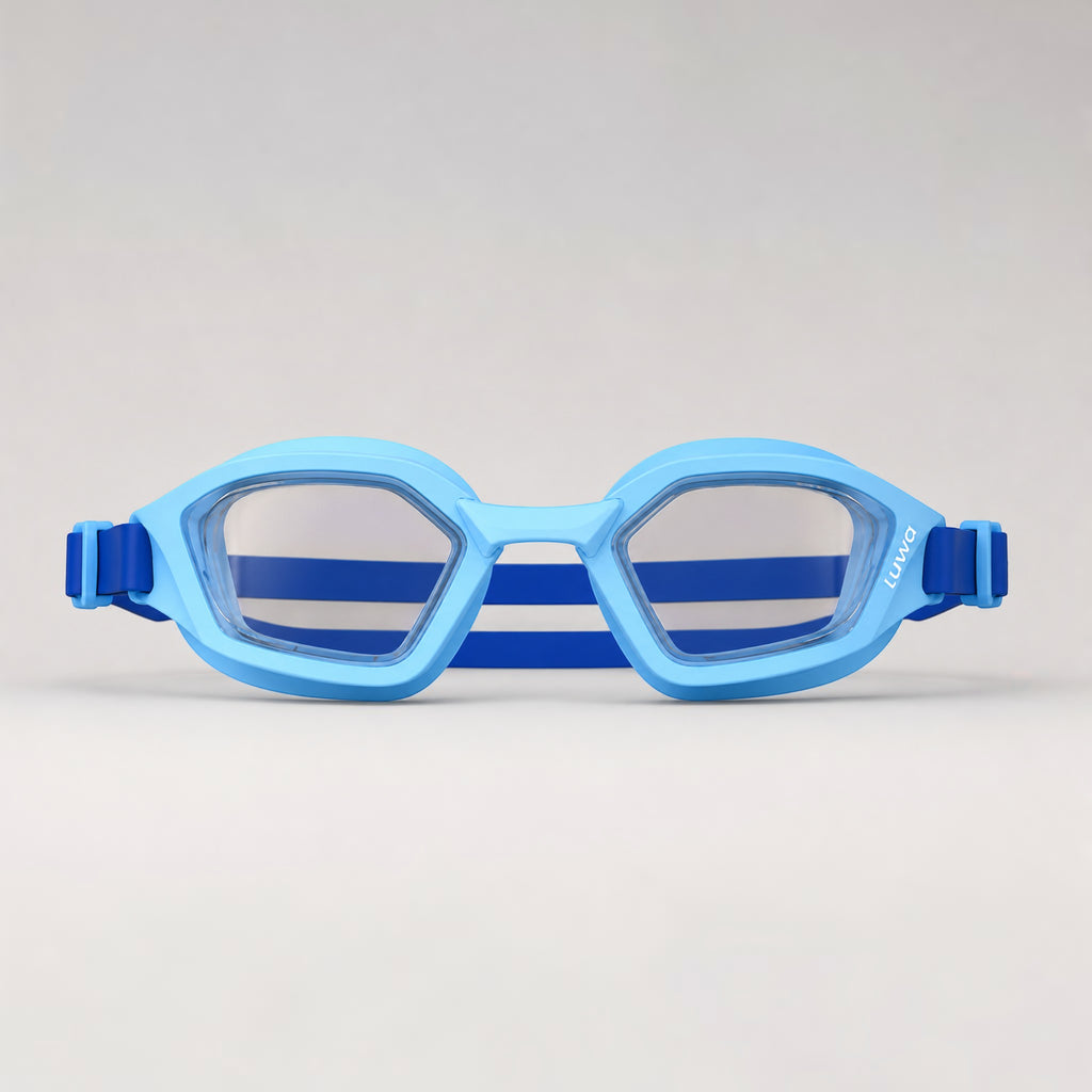 luwa Coral Flash blue and navy blue swim goggles with anti-fog PC lens and adjustable nose bridge.