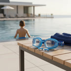 luwa Coral Flash blue swim goggles with anti-fog PC lens and adjustable nose bridges. Includes blue towel and water bottle.