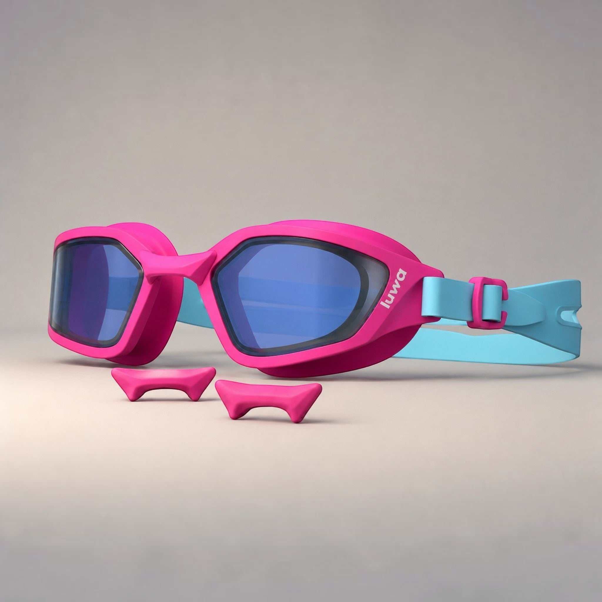 luwa Coral Flash pink and blue swim goggles with anti-fog PC lens and interchangeable nose bridges.