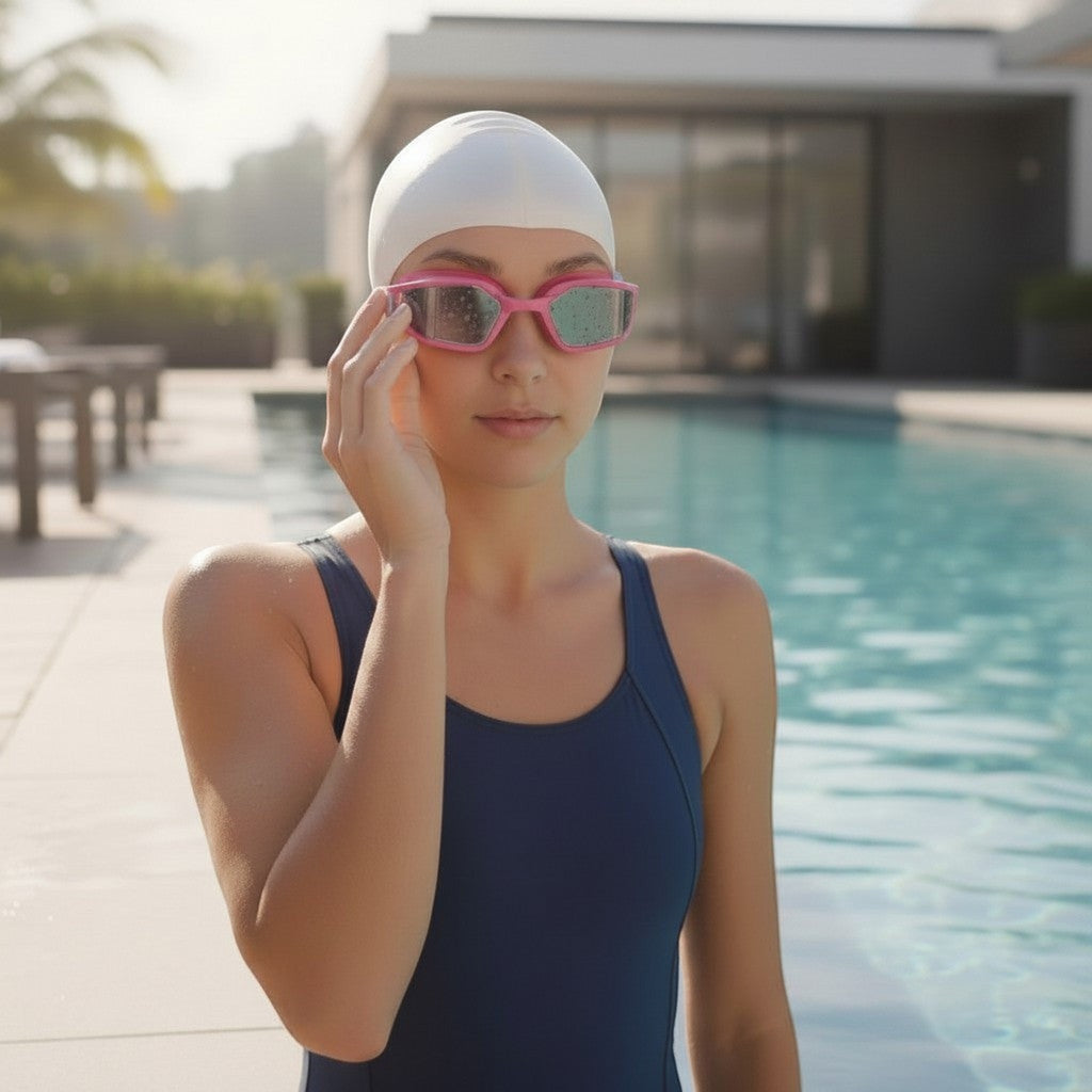 luwa Coral Flash pink and blue swim goggles with anti-fog PC lens and silicone seal, worn by a teen girl by a pool.