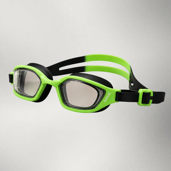 luwa Coral Flash swim goggles in black and neon green with anti-fog PC lens and adjustable strap.