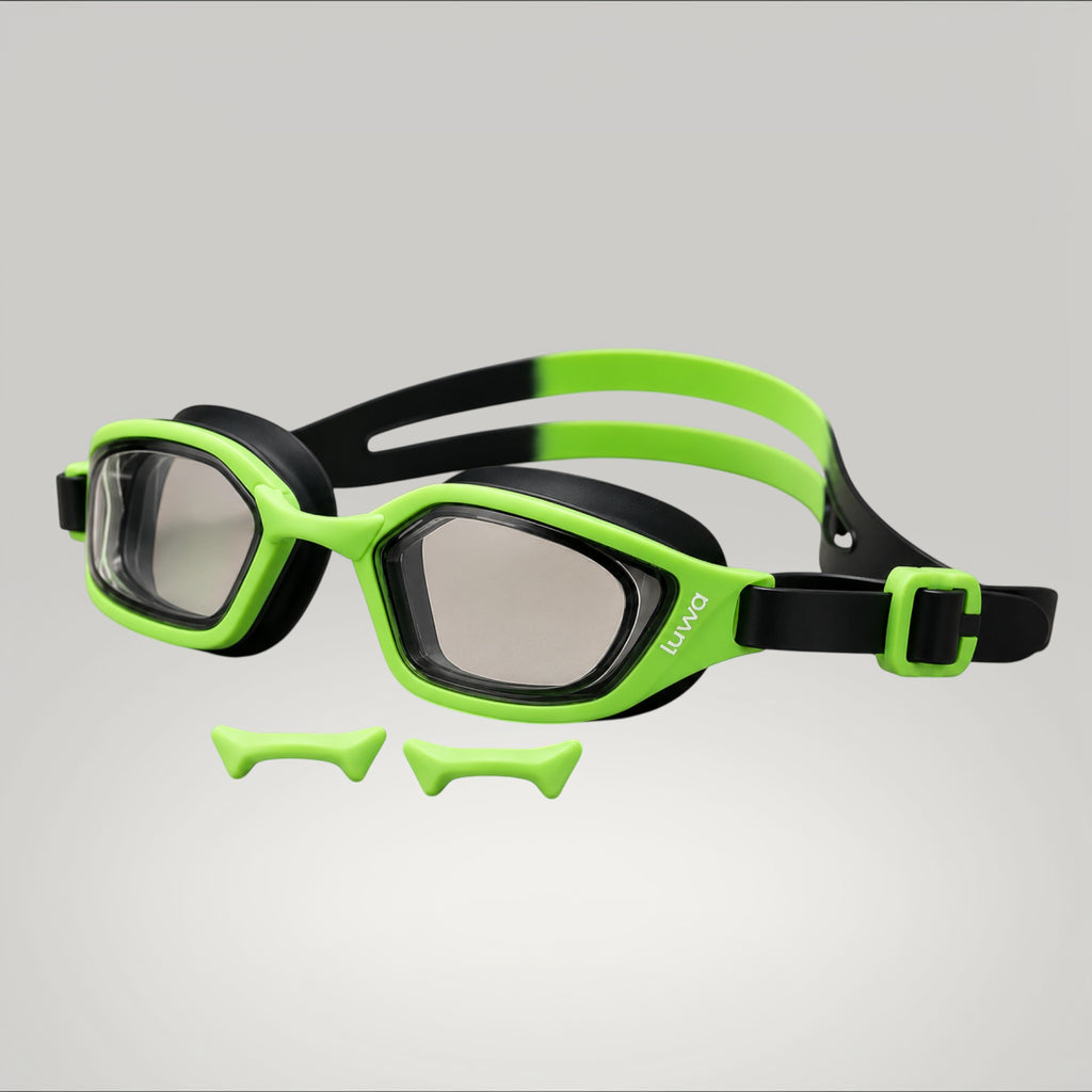 luwa Coral Flash swim goggles in black and neon green with anti-fog PC lens and adjustable nose bridges.