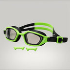 luwa Coral Flash swim goggles in black and neon green with anti-fog PC lens and adjustable nose bridges.
