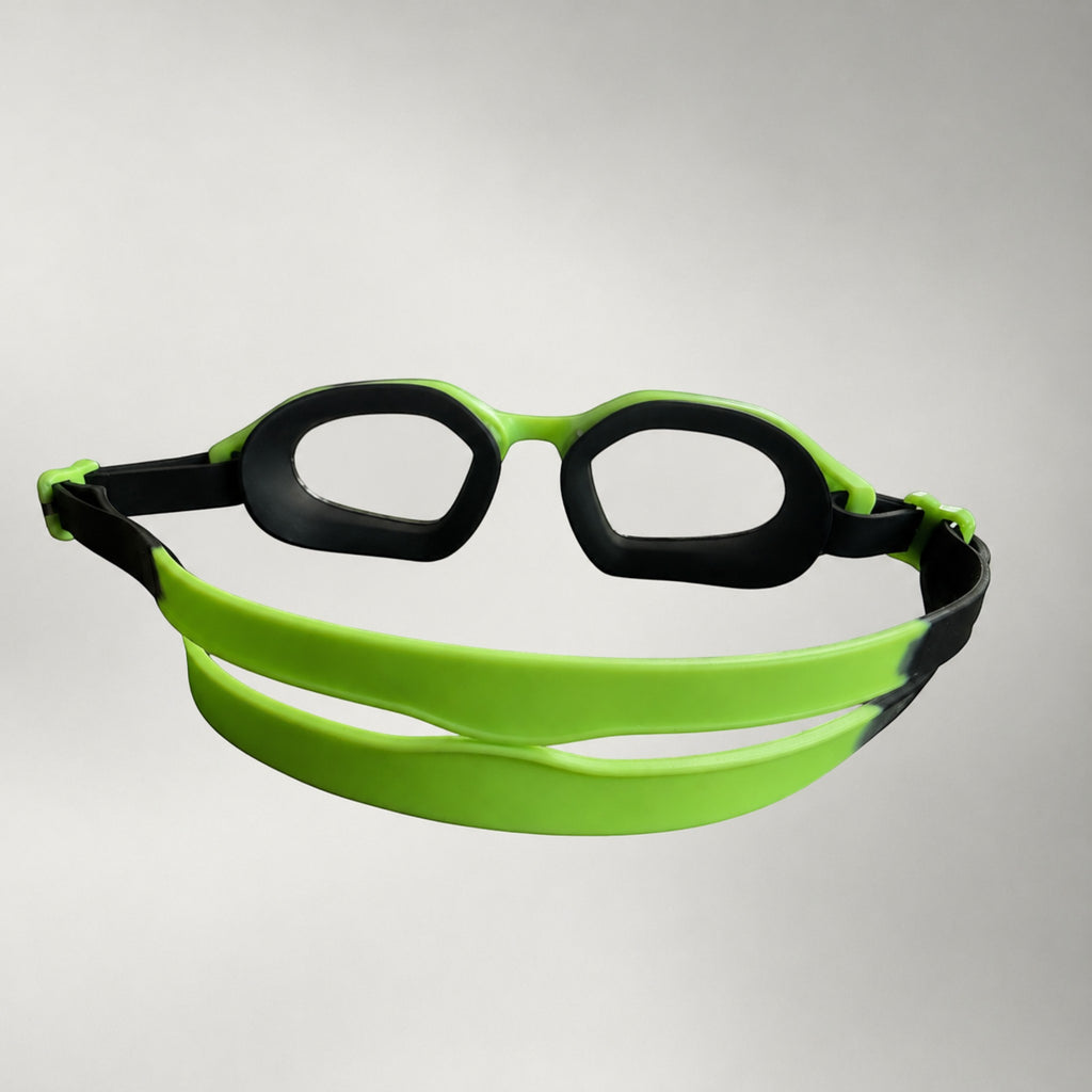 luwa Coral Flash swim goggles in black and neon green with anti-fog PC lens and adjustable nose bridge.