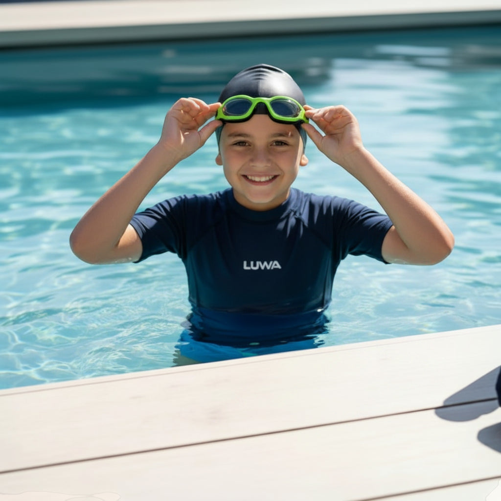 luwa Coral Flash swim goggles in black and neon green with anti-fog PC lens and adjustable nose bridge.